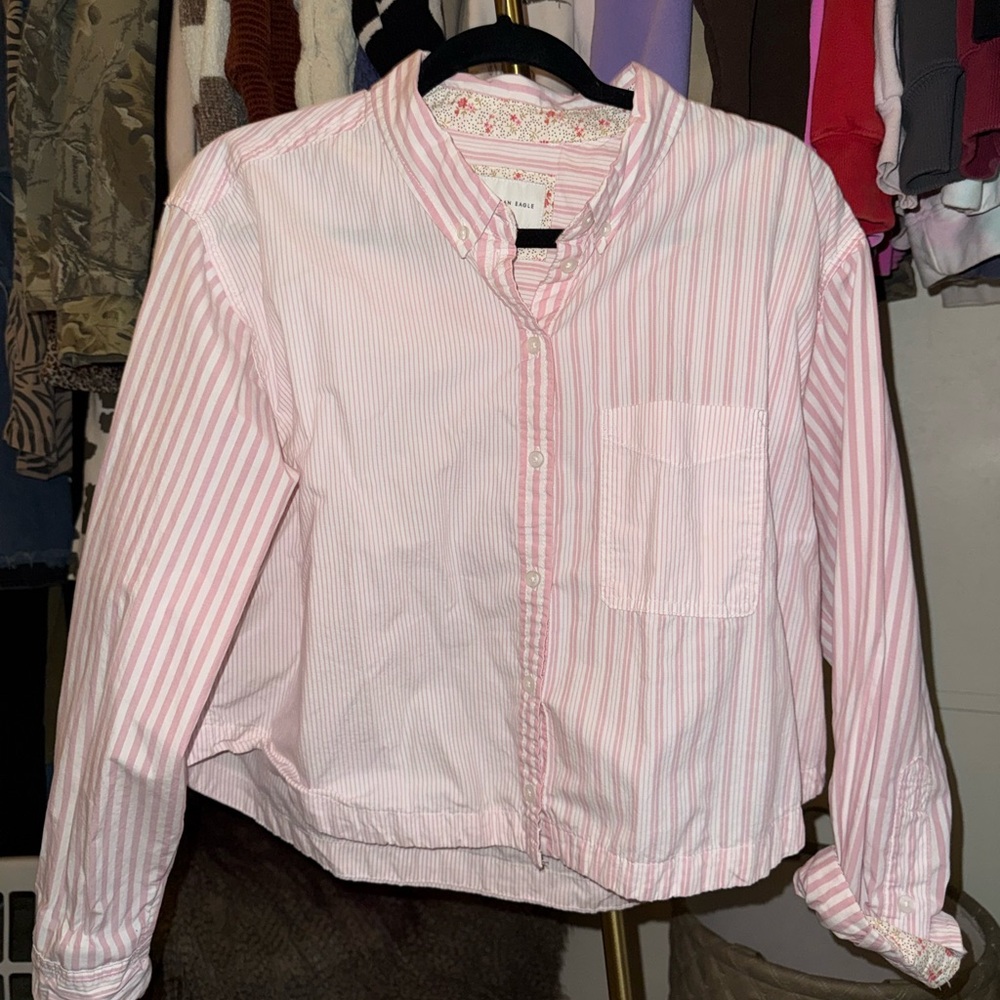 American Eagle Pink and White Striped Shirt